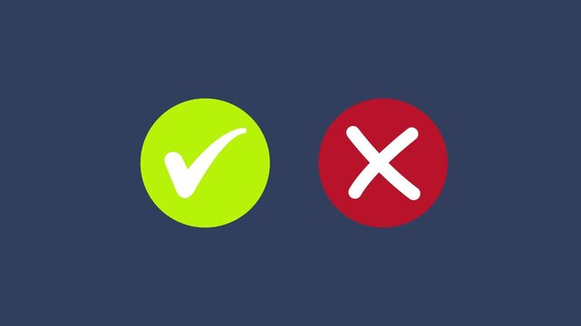 Animated green checkmark and red cross symbols set for business feedback, evaluation, survey results, decision making, control, correct and incorrect status on a clean dark blue background