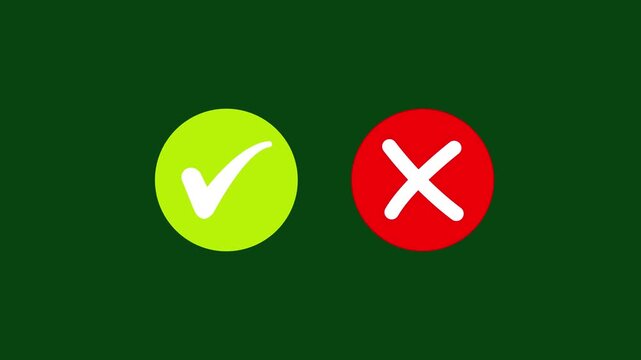 Animated green checkmark and red cross symbols on a dark green background, motion for user interface decision making, survey results, and interactive feedback systems