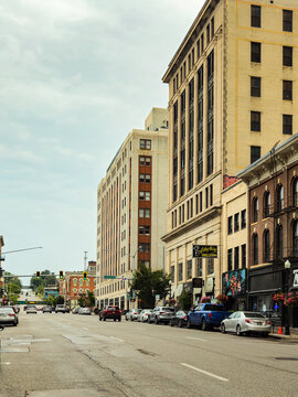Davenport, Iowa - Aug 29 2026: Historic Urban Architecture and Downtown Street View on East Third Street