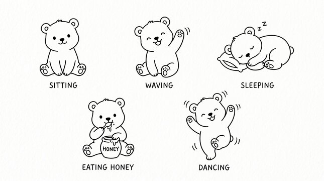 Cute hand drawn bear character set showing different activities and poses in black and white.