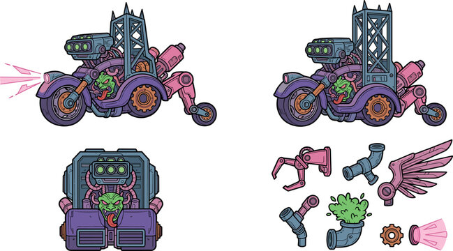 Futuristic Cyberpunk Trike Motorcycle Vector Element Set with Sci-Fi Vehicle Parts Robot Claw Mechanical Wing and Gear Icons for Game Asset Designs
c