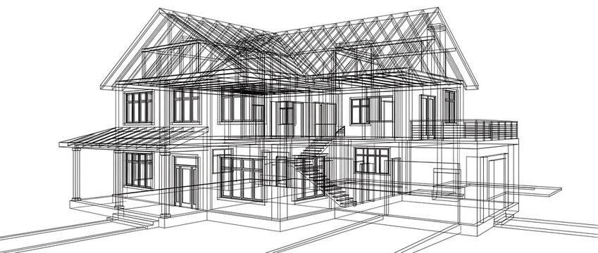 Architectural Wireframe Design of a Modern House Isolated on Tranceparent background png for Construction and Planning
