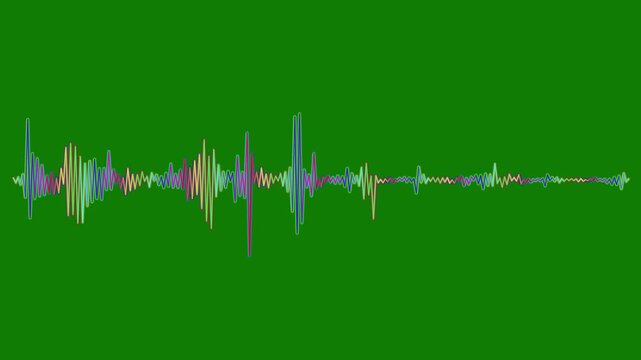 Vibrant audio spectrum bars with colorful sound animated waveform lines, digital music equalizer and futuristic visualization effect on deep green background for motion graphics, 4K