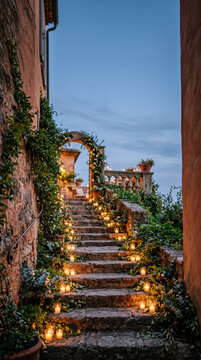 Stair decorated with candles and greenery leading to terrace at dusk with warm romantic elegant mood generative AI