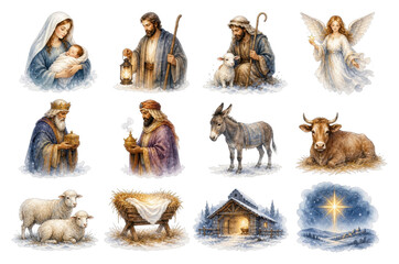 Obraz premium PNG Watercolor nativity scene with holy family, shepherds, animals, star