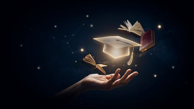 Magical glowing graduation cap levitating above human hand with floating books against dark starry night sky background