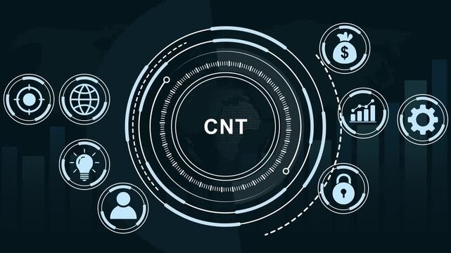 Advanced digital interface featuring cnt technology concept with rotating hud global data analytics, financial growth symbols, and cybersecurity for modern corporate business presentations