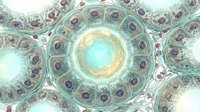 Intricate Abstract Pattern of Colorful Cells with Radiant Core in a Light Background