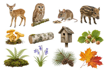 Obraz premium PNG Autumn forest animals, mushrooms, plants, and natural elements