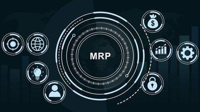 Dynamic requirements planning mrp concept animation featuring futuristic hud interface global supply chain logistics, financial growth charts, data security and digital network connectivity