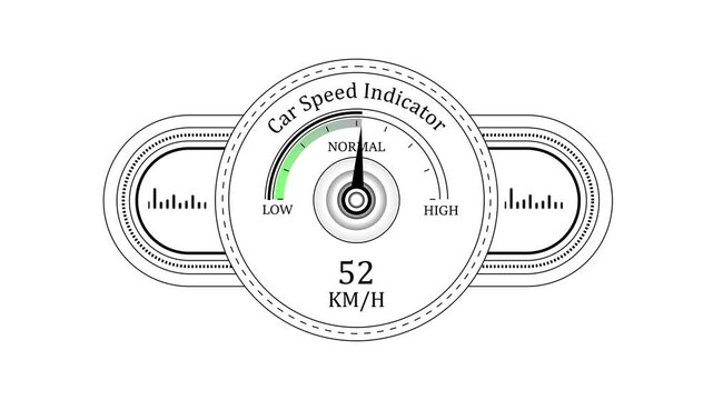Digital car speedometer gauge animation: accelerating km/h speed indicator for automotive dashboard interface and hud