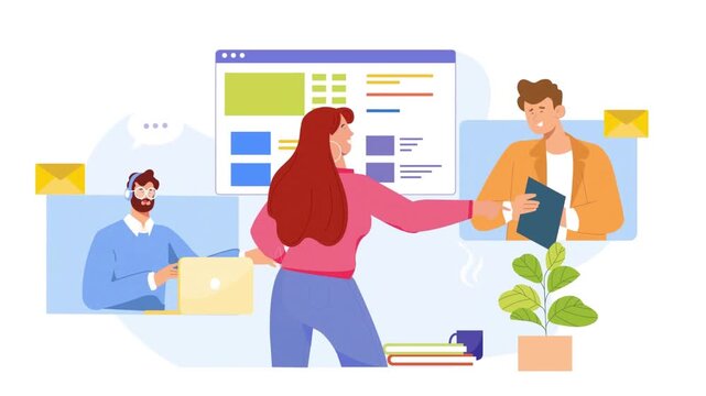 Cartoon business team working online with video call, browser window and email icons, animation concept of remote teamwork, communication and collaboration