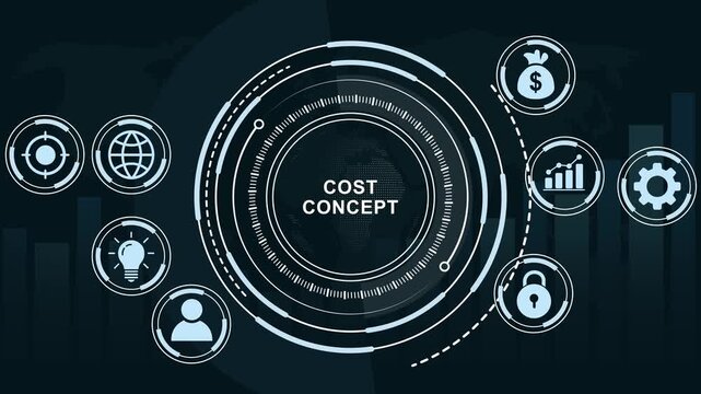 Dynamic digital interface displaying cost concept infographics with animated financial global business growth analytics, strategic planning and modern corporate data visualization technology