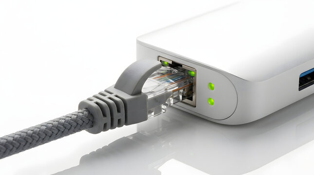 Ethernet Cable Plugged into Network Adapter Hub | Braided RJ45 LAN Cable Connected to White USB Hub | High Speed Network Internet Connection Concept Close Up