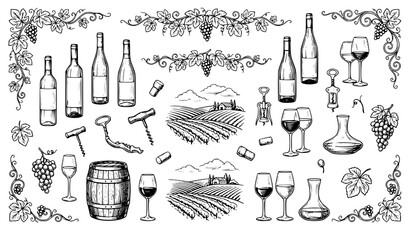 Naklejka premium Elegant Wine Menu Vineyard Grape Bottle Glass and Barrel Sketch Collection