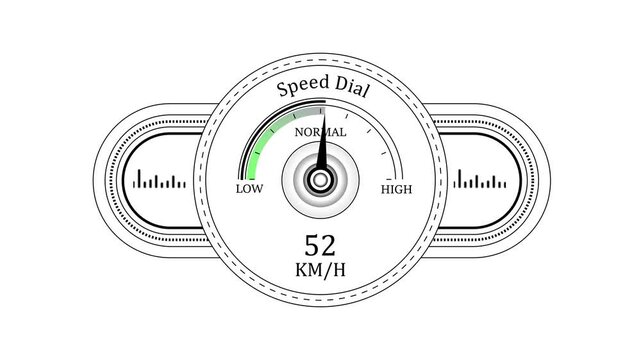 Digital speedometer gauge animation: accelerating km/h speed dial interface for automotive and technology dashboard ui