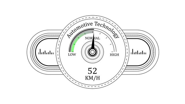 Digital speedometer gauge animation, automotive technology dashboard interface, accelerating km/h speed indicator, modern car ui