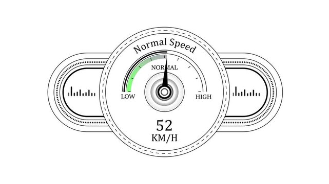 Digital speedometer gauge animation showing increasing velocity in km/h on white background dashboard