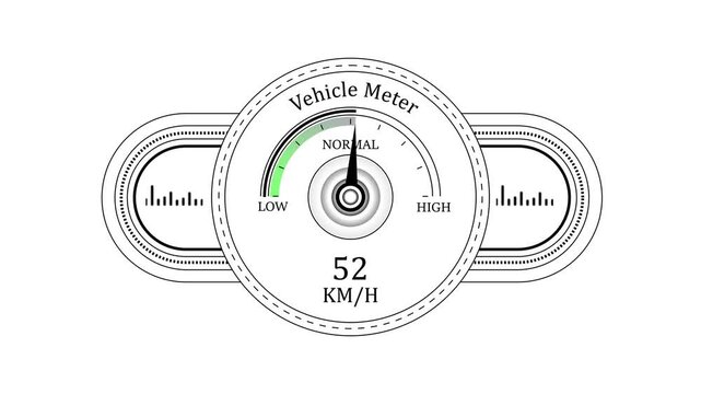 Digital vehicle speedometer gauge animation: accelerating km/h meter with dynamic needle movement and minimalist ui