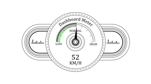 Digital dashboard speedometer gauge animation: accelerating km/h meter for automotive ui and performance monitoring