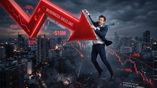 Businessman hanging from the tip of a giant downward arrow, business decline concept, clean 3D render