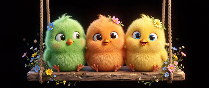 Three cute fluffy cartoon chicks&mdash;green, orange, and yellow&mdash;sitting together on a wooden swing, big expressive eyes, small flowers, black background