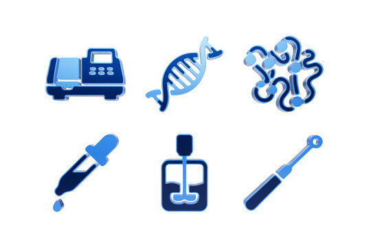 Genetic engineering and chemical analysis equipment icons featuring pcr machine and molecular models for lab work.
