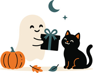Cute ghost giving a gift to a black cat for a Halloween celebration © MdSabbir