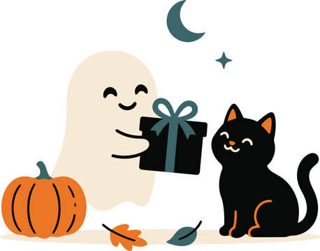 Cute ghost giving a gift to a black cat for a Halloween celebration