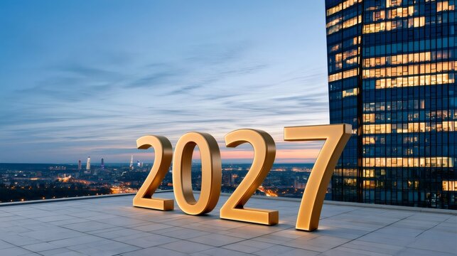 Golden 2027 numbers on modern city rooftop at sunset