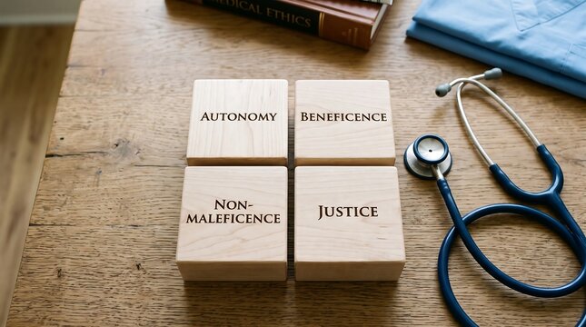Four pillars of medical ethics on wooden blocks with stethoscope