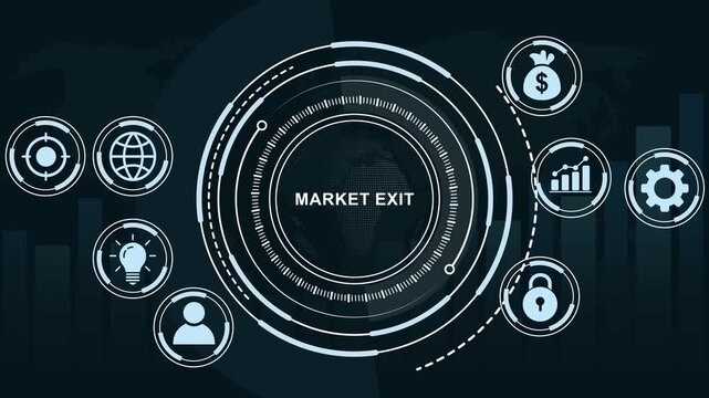 Market exit strategy digital interface animation featuring advanced financial data visualization, global business analytics, corporate restructuring concepts, and futuristic hud ui