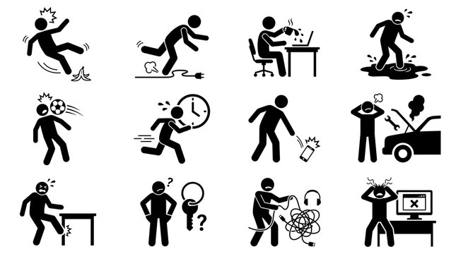 Set of stick figure icons showing daily life problems