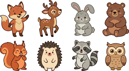 Fototapeta premium Cute Woodland Animals Sticker Set with Baby Fox, Deer, Bunny, Bear, Squirrel, Hedgehog, Raccoon, and Owl Characters for Kids and Children Design Projects