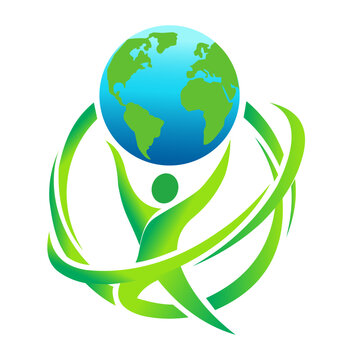 Eco Global Community Vector Logo Template featuring Abstract Green Human Figure Holding Globe Earth Concept Isolated on White Background. Resizable and editable, EPS 10.