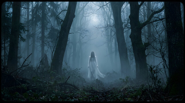 Ghostly figure in white dress standing alone in a dark misty forest, atmospheric horror photography