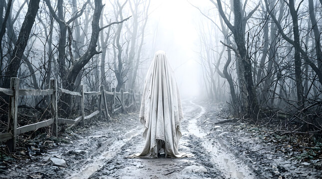 Ghostly figure in white sheet standing on a muddy forest path, eerie atmospheric landscape photography for horror and supernatural themes