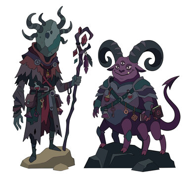 Dark fantasy shaman and horned monster vector set, masked warlock with wooden staff and four-legged demon beast on transparent background