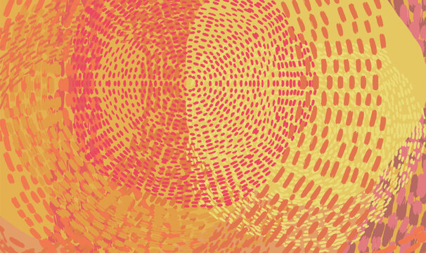 Abstract mosaic background featuring warm shades of yellow, orange, and red, with a pointillist texture blended with concentric waves.