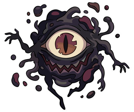 Dark fantasy eyeball slime monster vector illustration, shadow blob creature with single giant eye, jagged teeth and tentacles on transparent background