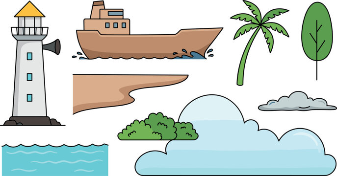 Cartoon Coastal Landscape Asset Set with Lighthouse Cargo Ship Palm Tree Clouds and Sea Waves for Side Scroller Game Environment Designs
