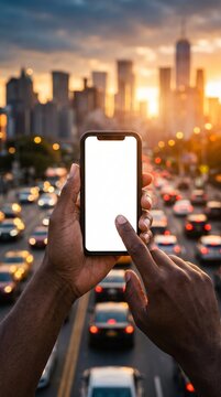 Person holds a smartphone with a blank screen over a bustling city scene at dusk. Concept focuses on technology, urban lifestyle, and communication, making it ideal for tech promotions. Generative AI.