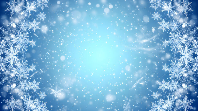 Snowflakes falling on blue background with winter snow crystals and falling snow for holiday greeting card