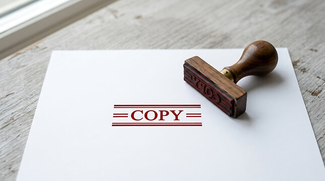 Rubber stamp with the word copy printed in red ink on a white paper sheet