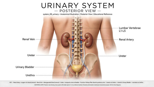 The diagram shows the anatomical structure of the urinary system from a posterior view, displaying the location of both kidneys (renal veins, renal arteries).