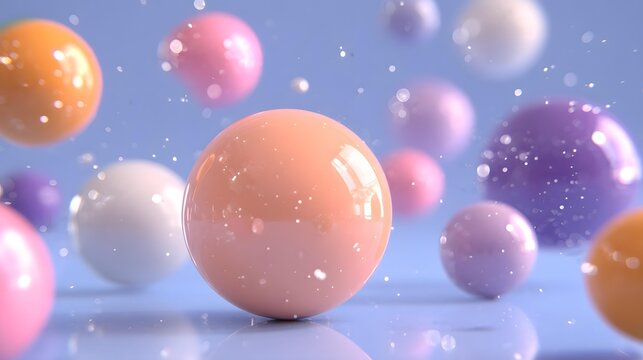 organic blobs clustered at different depths, pastel peach, mint, lavender, blue, and cream colors, soft reflections, contemporary abstract background