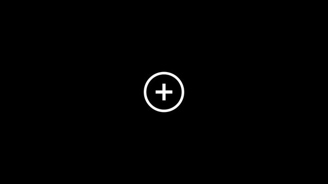 Circular plus sign icon expands against a black background