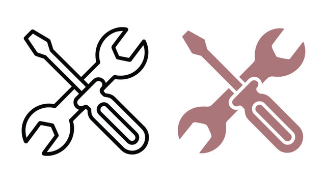 Repair Tools Icon Set, crossed wrench and screwdriver, line art and solid symbols, maintenance, fixing, service, workshop equipment