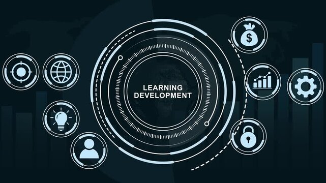 Dynamic learning development concept featuring animated digital hud interface with global business financial growth charts, and modern technology infographics for corporate training and e-learning