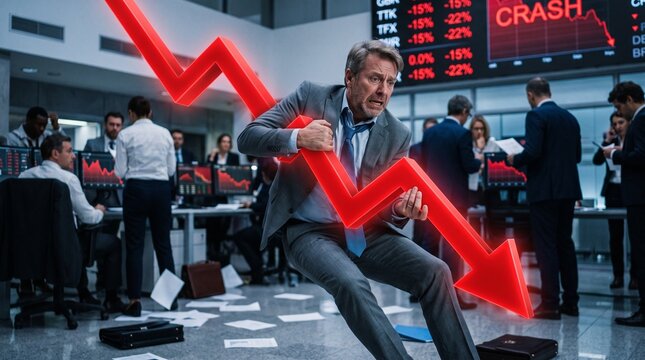 Man desperately holding onto a large downward arrow, financial loss and business failure concept